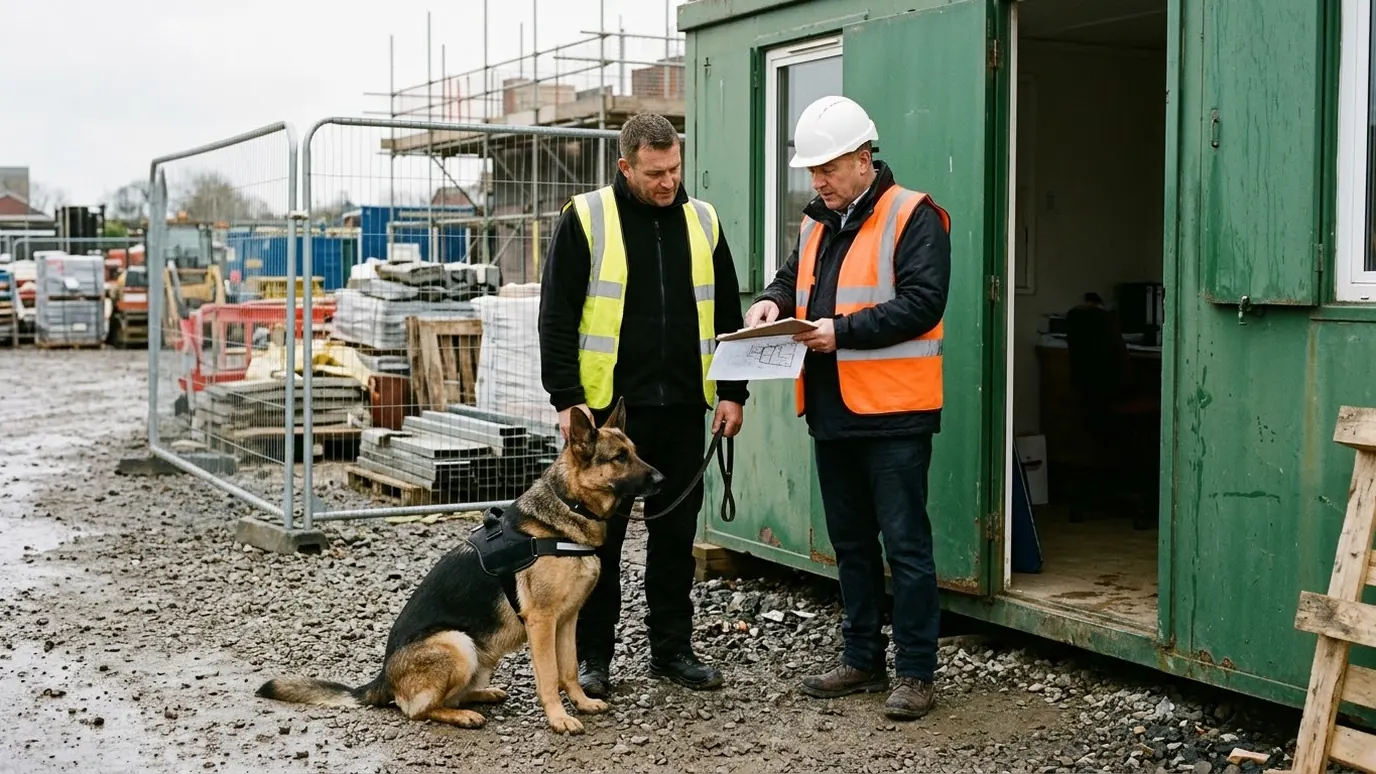 Security dog handler with a German Shepherd talking to a site manager over a site plan