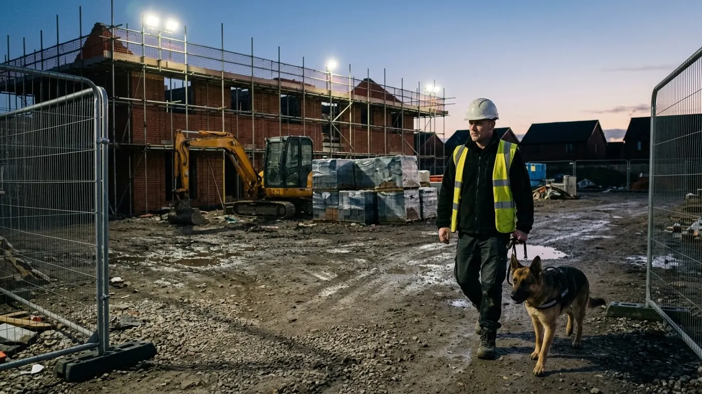 Security dog handler in hi-vis and hard hat walking a German Shepherd past an excavator and scaffolding on a housing site at dusk