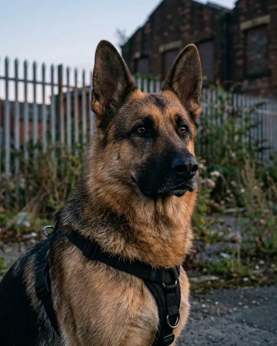Close-up of an alert German Shepherd security dog in a plain harness
