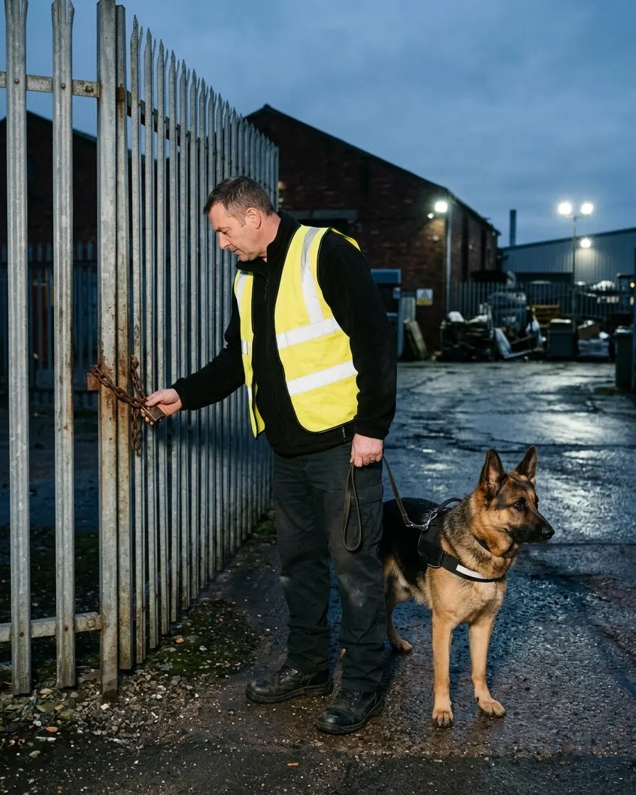 Security dog handler checking the padlock on a steel site gate with a German Shepherd beside them
