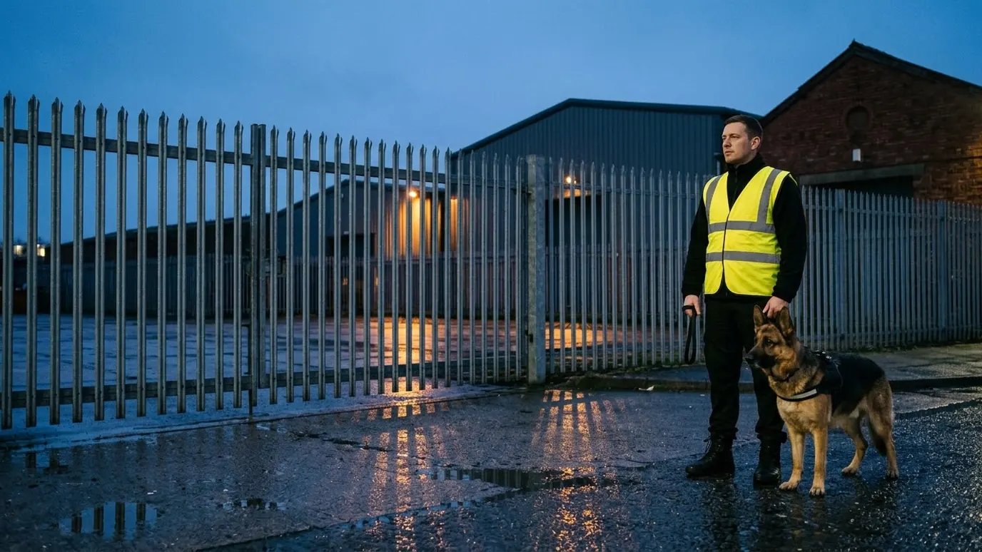 Security dog handler in a hi-vis vest standing with a German Shepherd at the gate of a fenced industrial yard at dusk