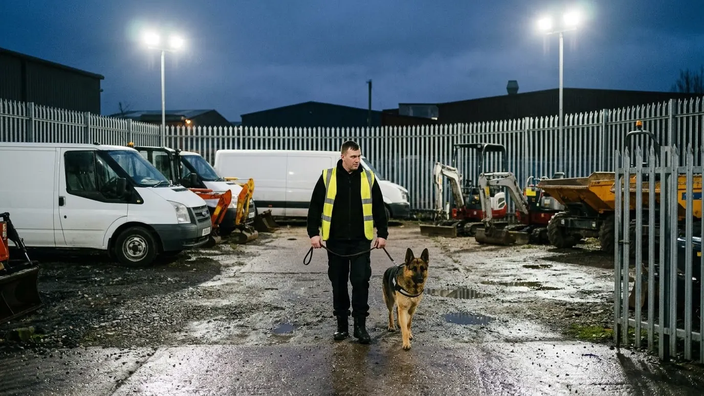 Security dog handler and German Shepherd walking between parked vans and small excavators in a floodlit plant hire yard