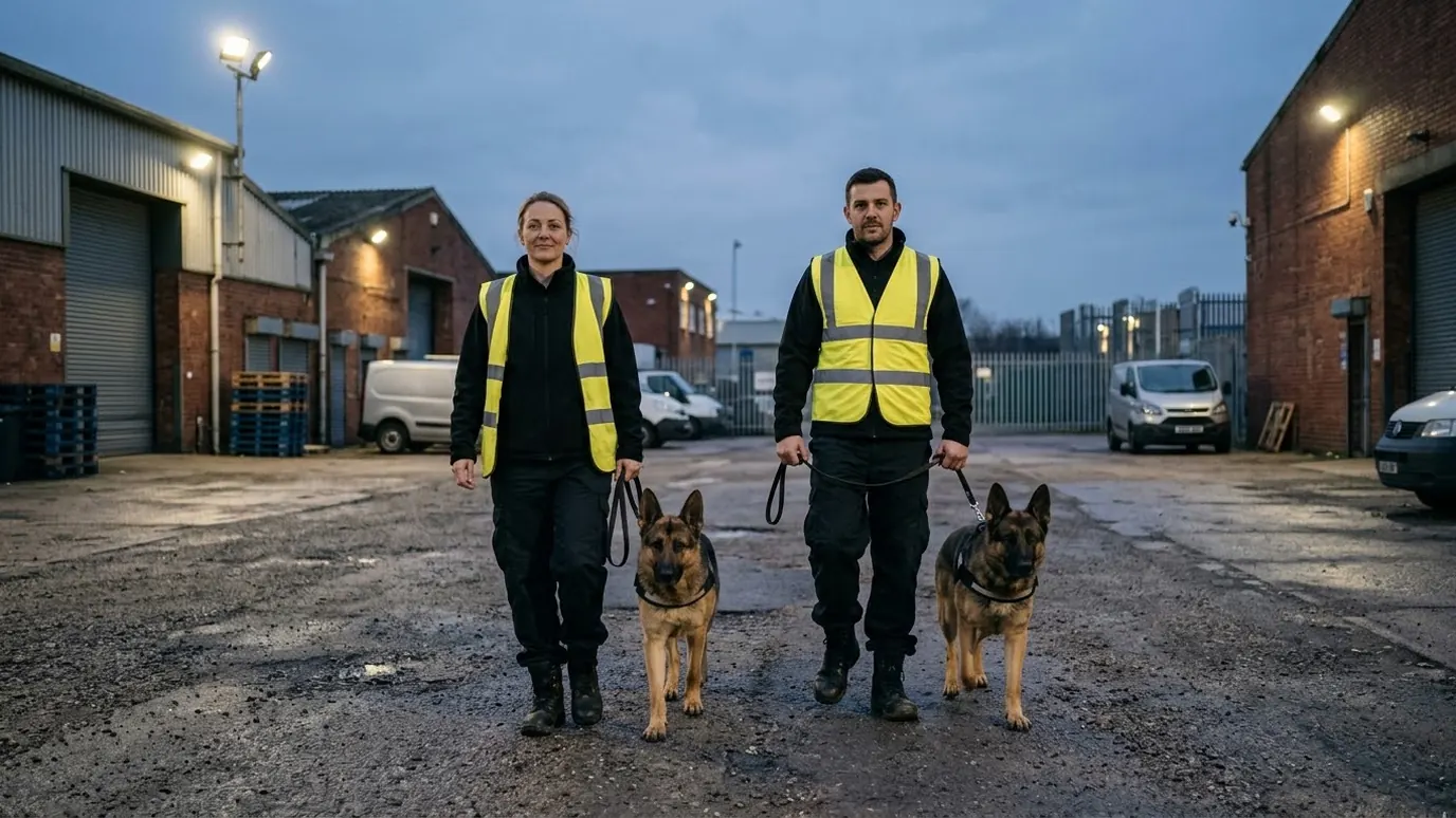 Two security dog handlers in hi-vis walking German Shepherds across a floodlit industrial yard at dusk