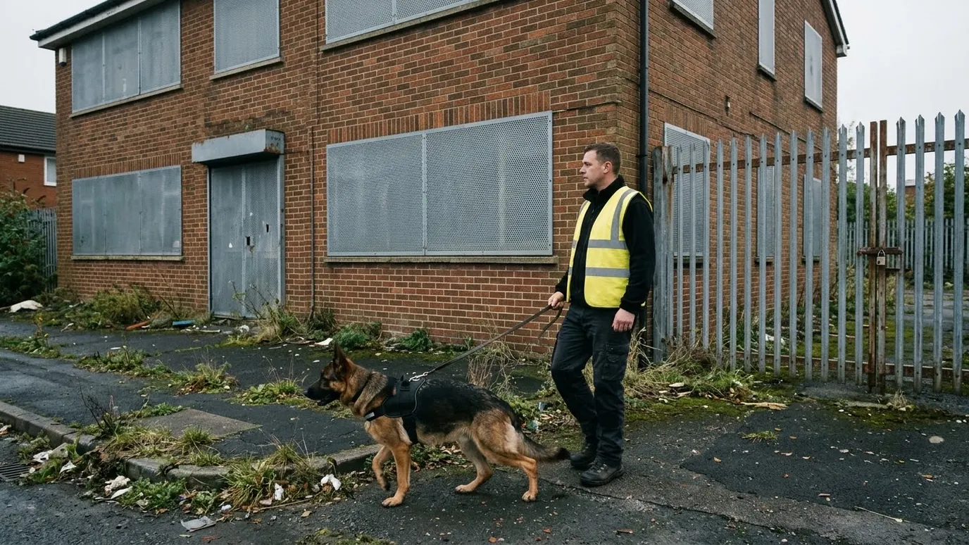 Security dog handler and German Shepherd checking steel security screens on an empty office building