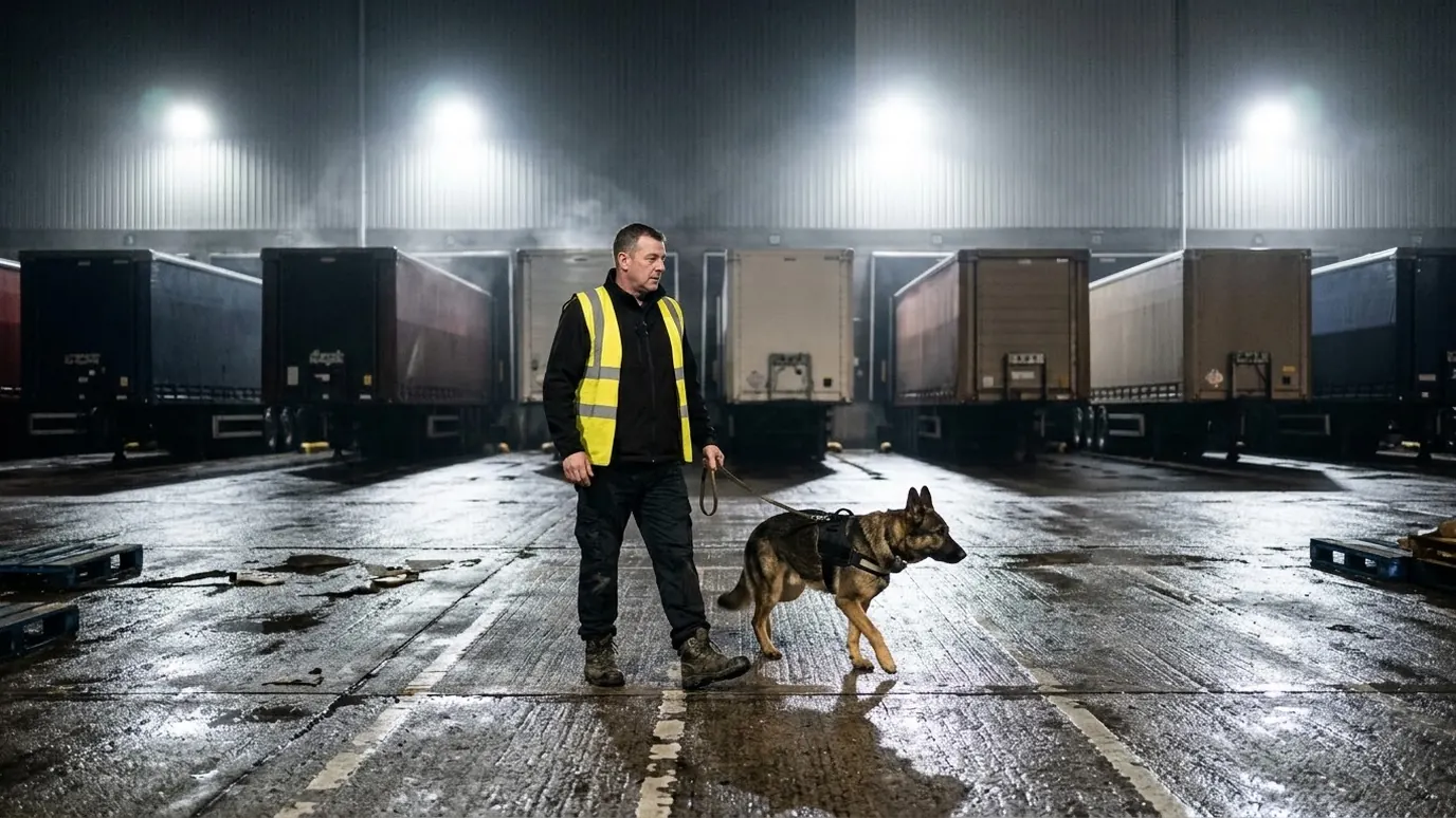 Security dog handler and German Shepherd walking between parked HGV trailers at warehouse loading docks at night