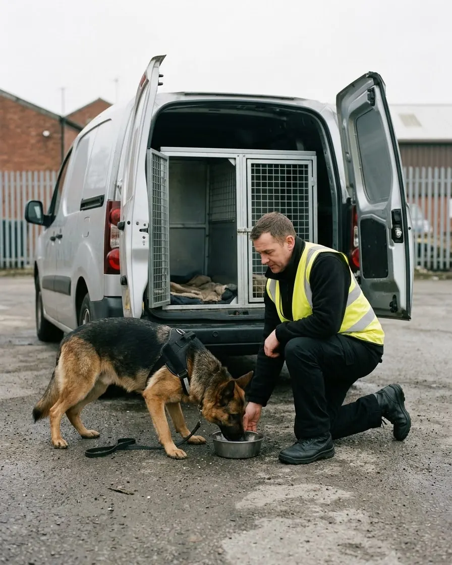 Dog handler giving a German Shepherd water from a bowl beside a dog transport van